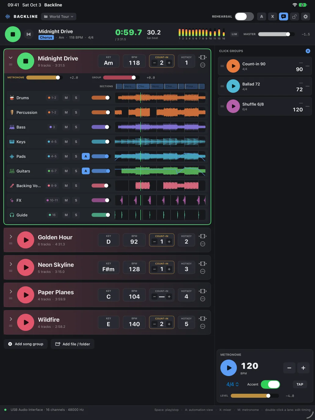 Backline on iPad in portrait