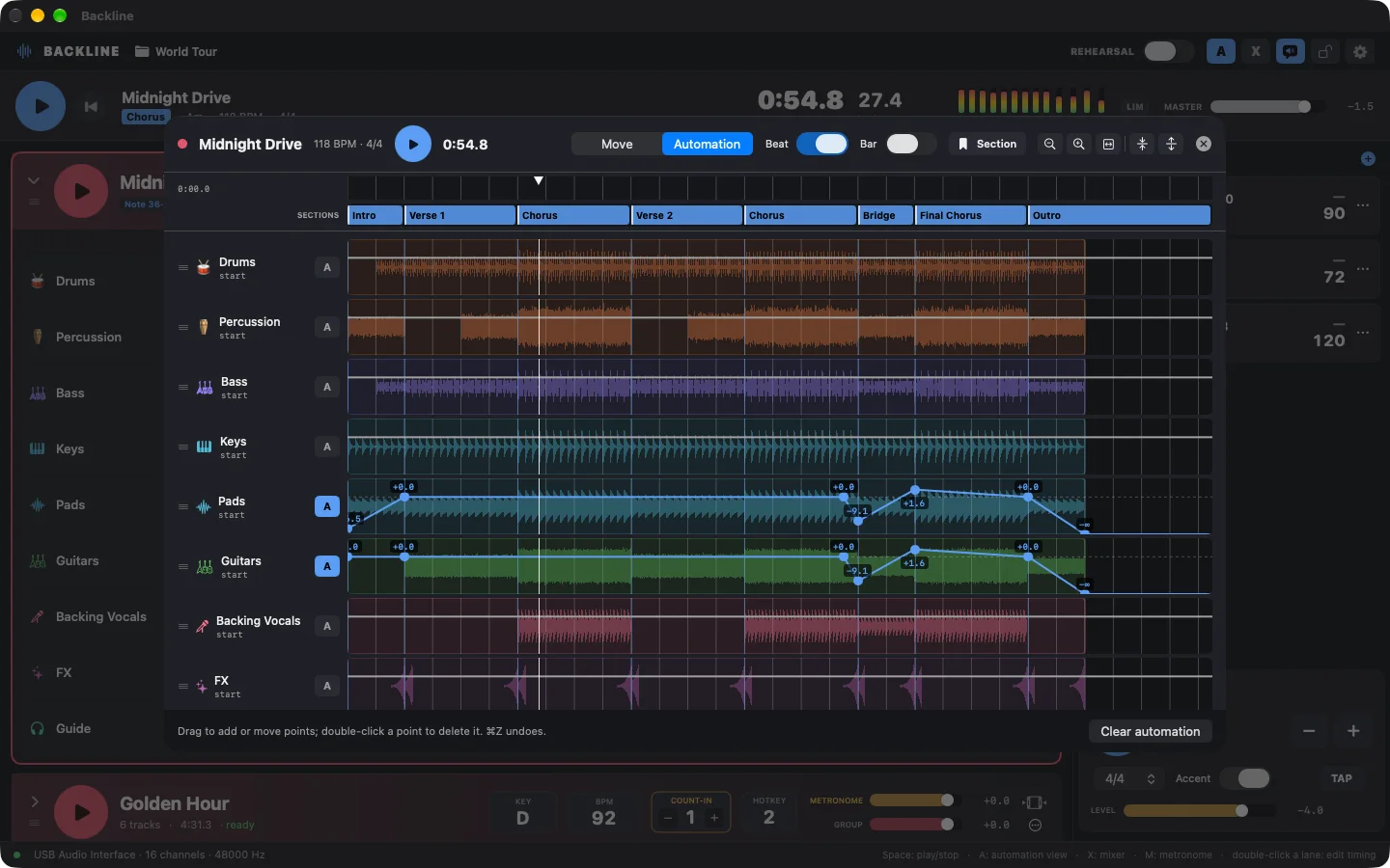 Backline timeline editor with section markers and volume automation