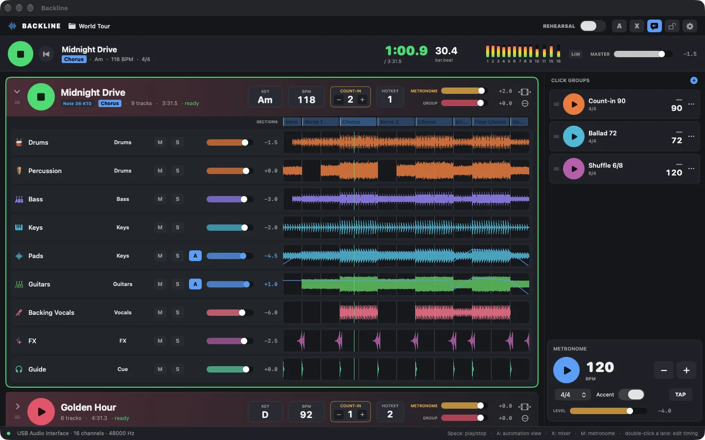Backline on Mac playing the song Midnight Drive: nine stems with waveforms, live output meters, song sections and the set list.