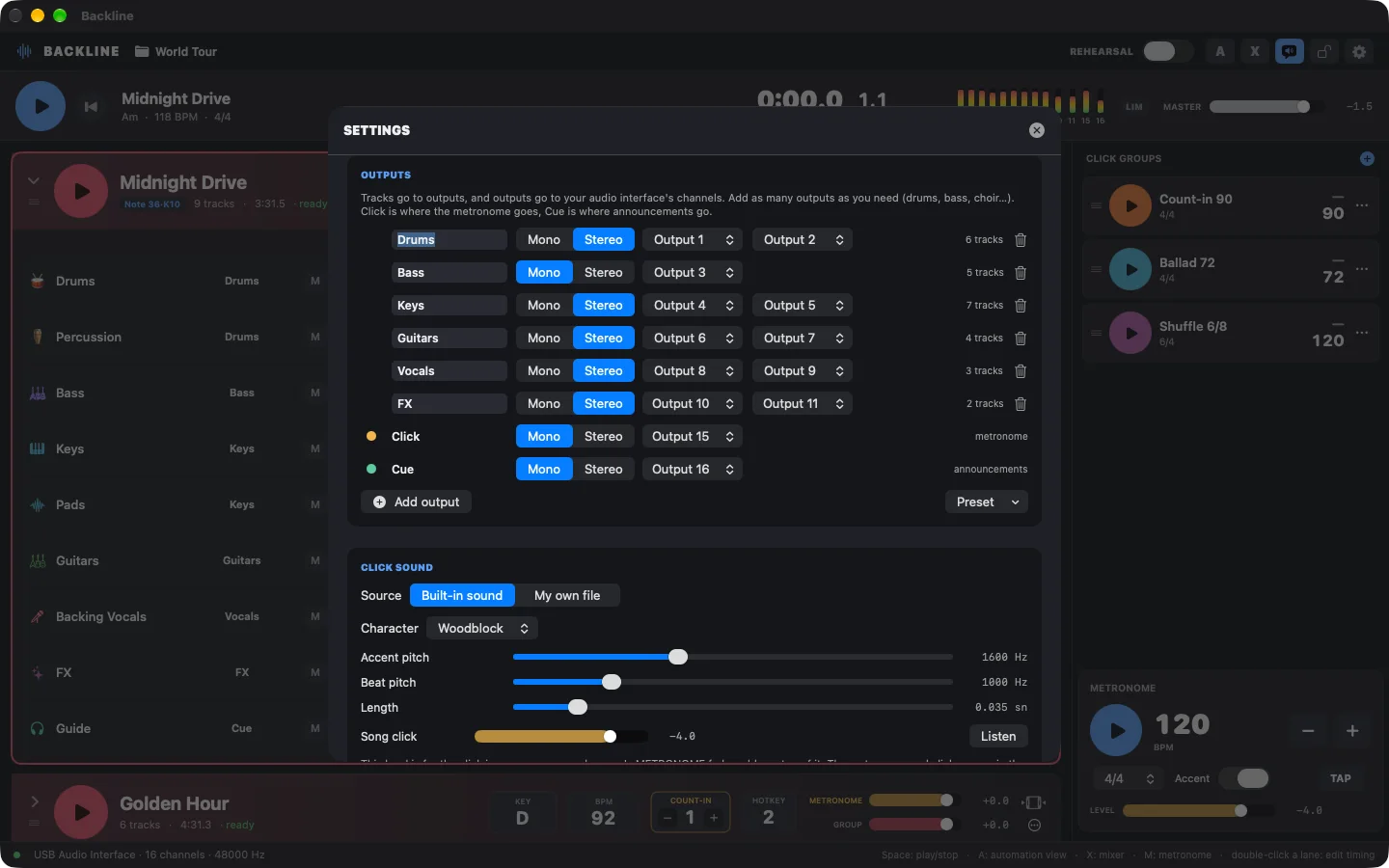 Backline output settings: user-defined mono and stereo outputs mapped to interface channels